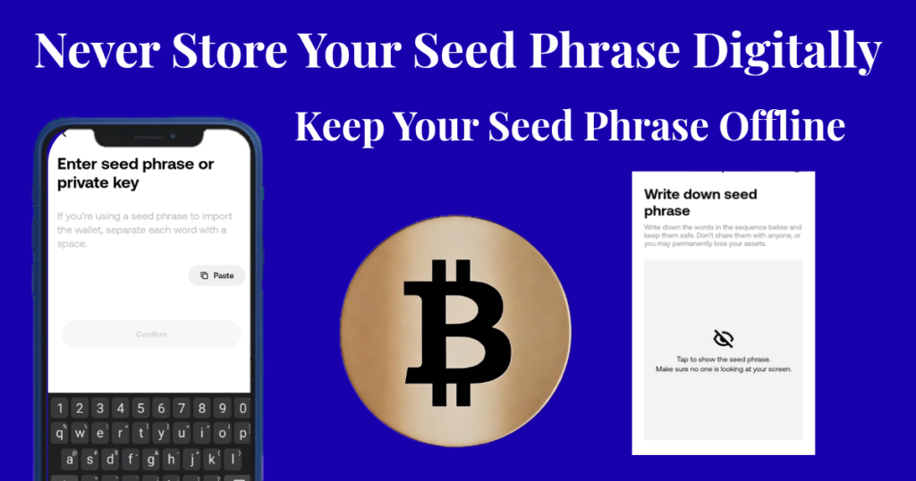 Warning: Never store your cryptocurrency seed phrase digitally or on online devices