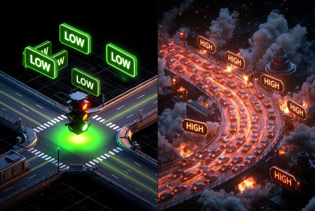 A split-screen infographic comparing a clear cyber highway with low fees and a massive digital traffic jam with high crypto gas fees.