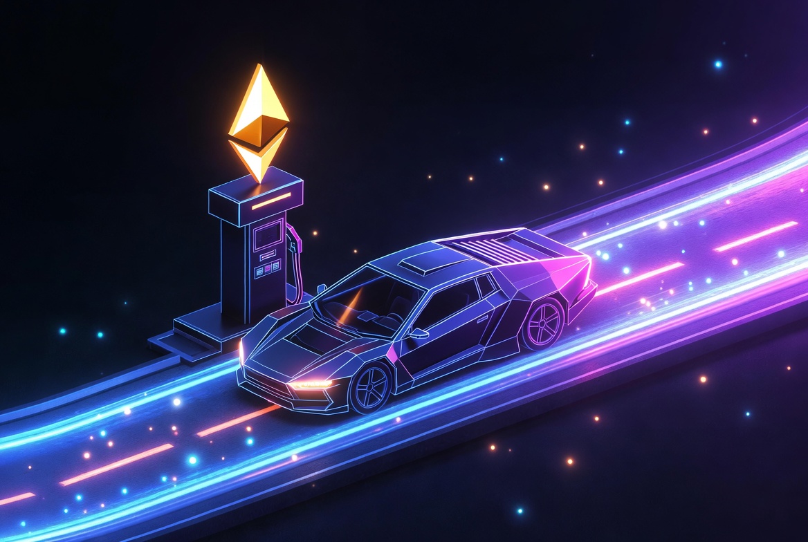 A futuristic digital car fueling up at a crypto gas station with a glowing golden Ethereum logo, illustrating how blockchain gas fees work.