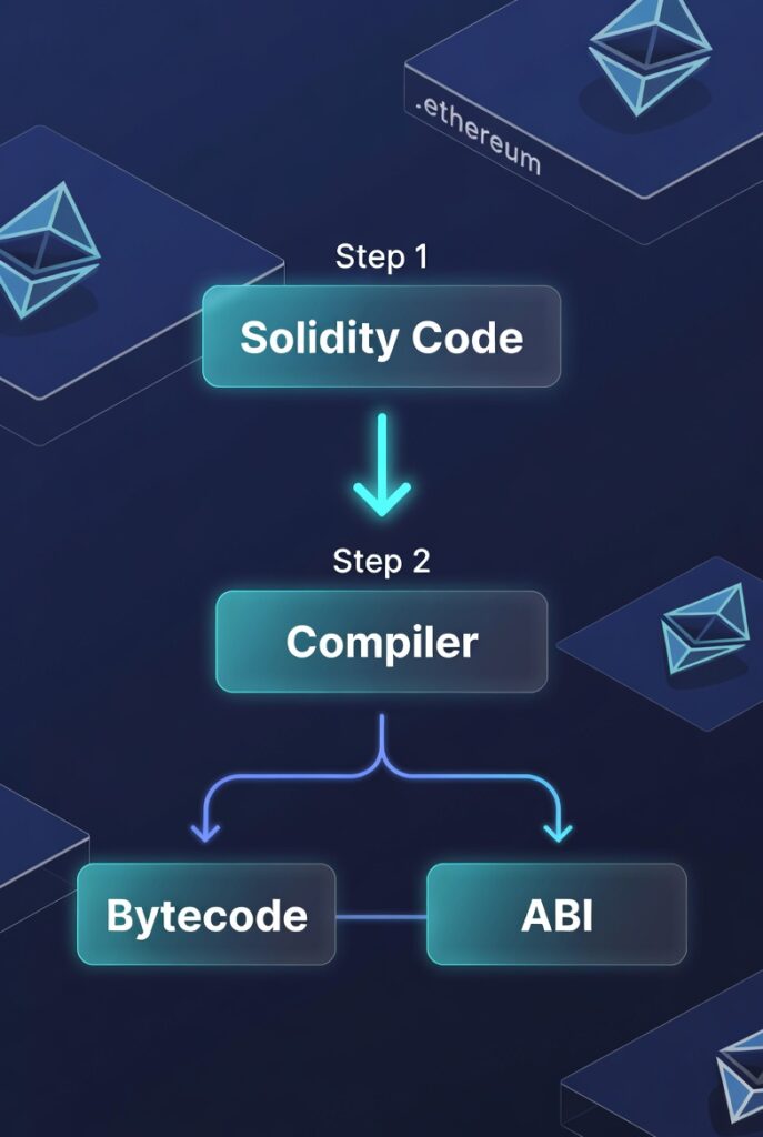 A high-tech flowchart diagram from smart-contract-solidity-compilation-flowchart.jpeg outlining the step-by-step process of compiling high-level Solidity code into executable bytecode and Application Binary Interface (ABI) within the Ethereum ecosystem - Info crypto gratis