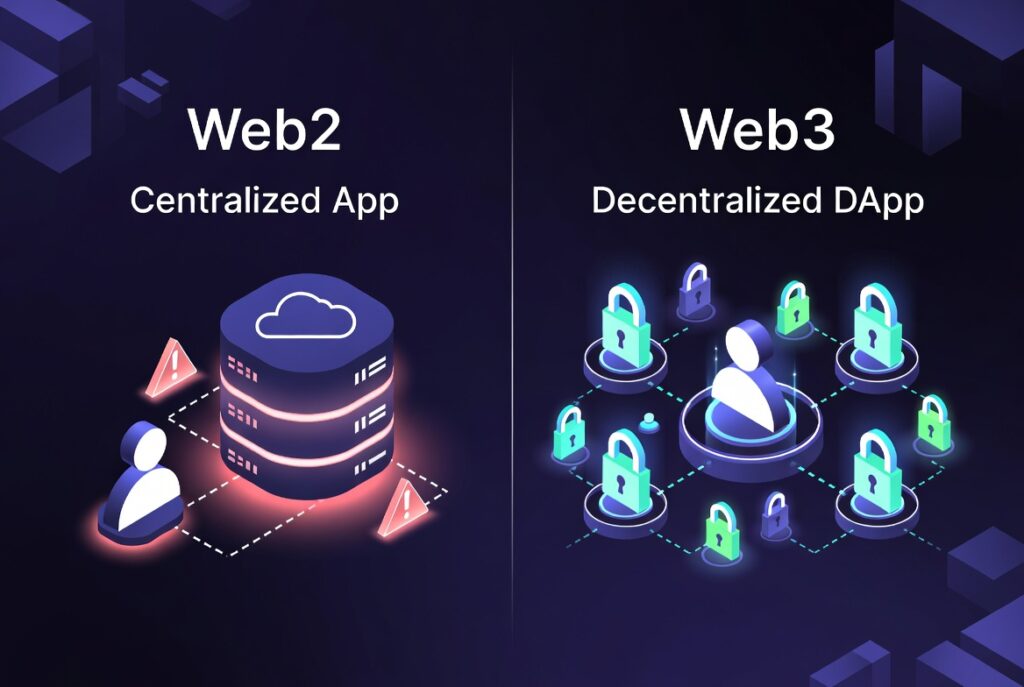 An architectural comparison diagram from web2-centralized-app-vs-web3-decentralized-dapp.jpg contrasting a Web2 Centralized App infrastructure on the left with a secure Web3 Decentralized DApp node network featuring interconnected padlocks on the right