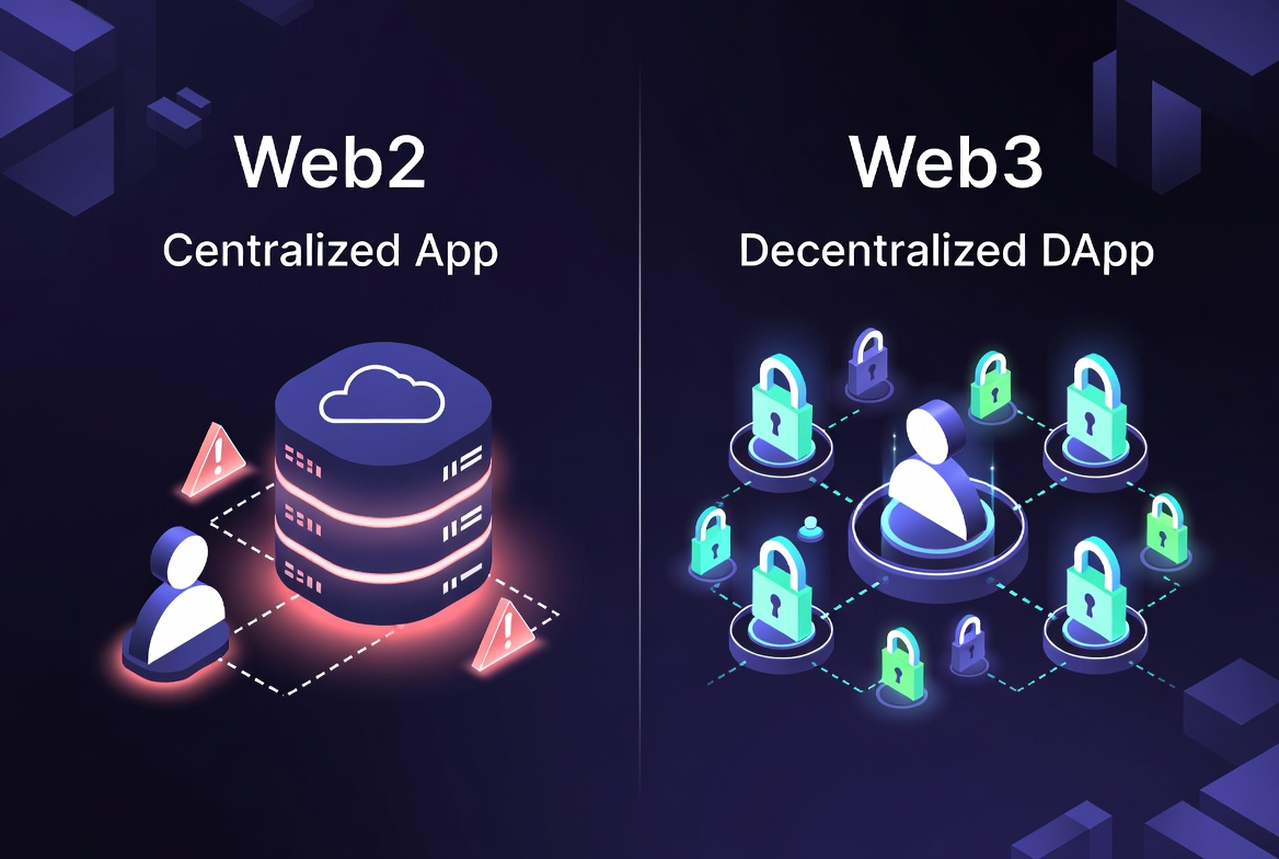 An architectural comparison diagram from web2-centralized-app-vs-web3-decentralized-dapp.jpg contrasting a Web2 Centralized App infrastructure on the left with a secure Web3 Decentralized DApp node network featuring interconnected padlocks on the right